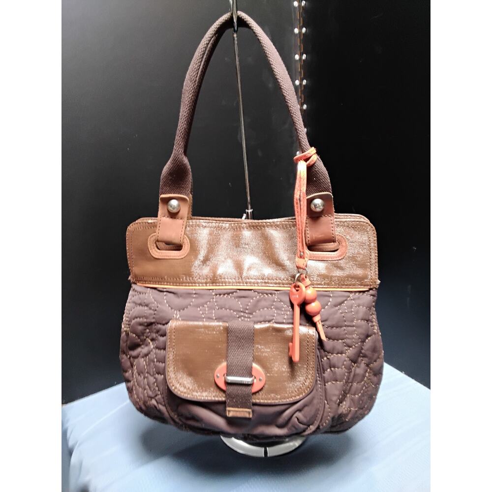 Fossil Vintage Quilted Brown leather trim Purse Tote with Key Charm
